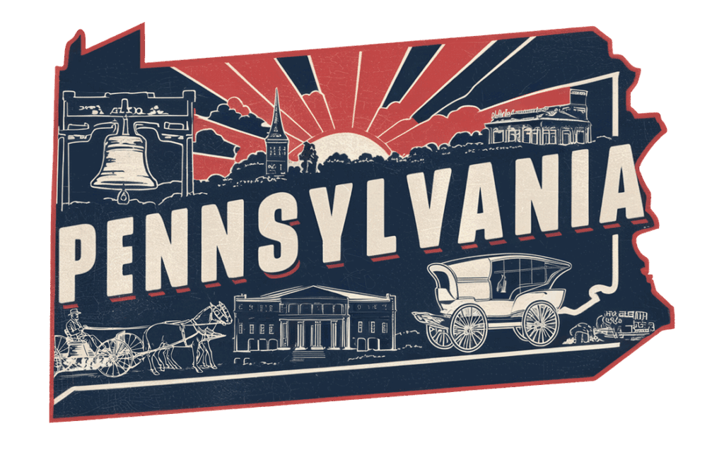Illustration of Pennsylvania’s state outline with “Pennsylvania” in bold letters, featuring icons like the Liberty Bell, a horse-drawn carriage, historical buildings, and a sunrise in the background.