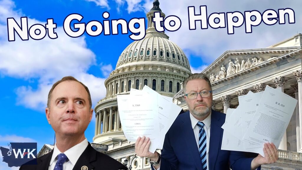Two men stand in front of the U.S. Capitol building; one is holding several documents, and the other looks off to the side. Large text at the top reads, "Not Going to Happen." The sky is partly cloudy.