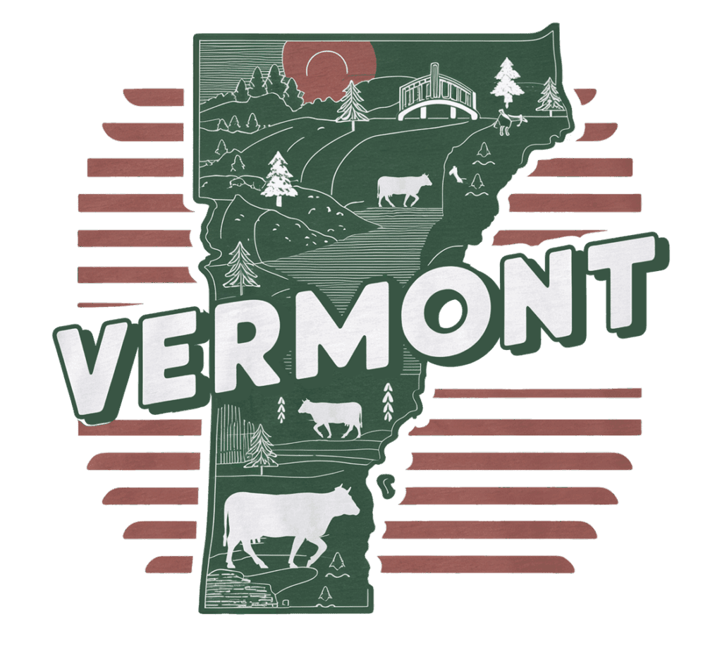 A graphic of Vermont’s state outline features cows, trees, hills, a covered bridge, and the word “VERMONT” in bold letters over pink horizontal stripes.