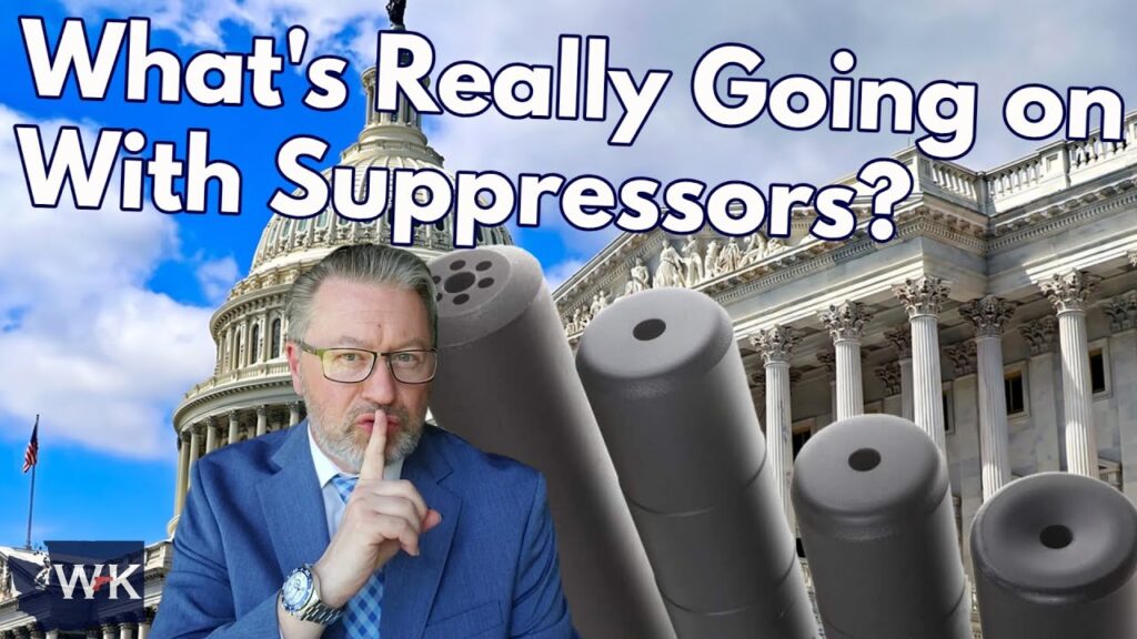 A man in a suit gestures for silence in front of the U.S. Capitol, with several firearm suppressors and the text “What’s Really Going on With Suppressors?” above.