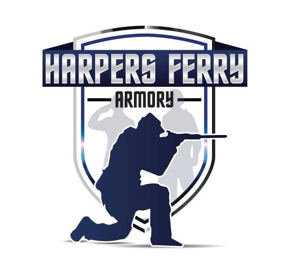 Logo for Harpers Ferry Armory featuring a shield with the text "Harpers Ferry Armory" and a dark silhouette of a person kneeling and aiming a rifle, with two lighter silhouettes in the background.