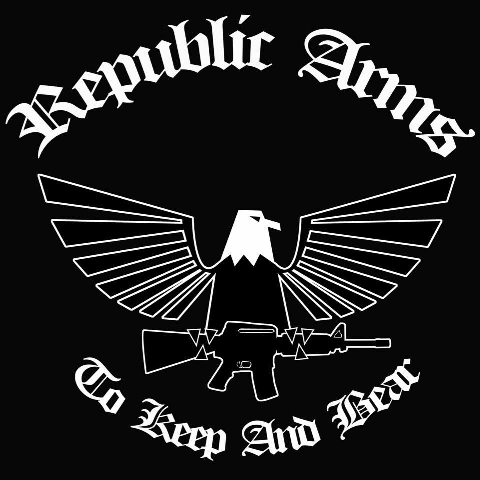 A white outline of an eagle with spread wings holds a rifle below its talons. The text "Republic Arms" is above the eagle, and "To Keep And Bear" is below, all in bold, decorative script on a black background.