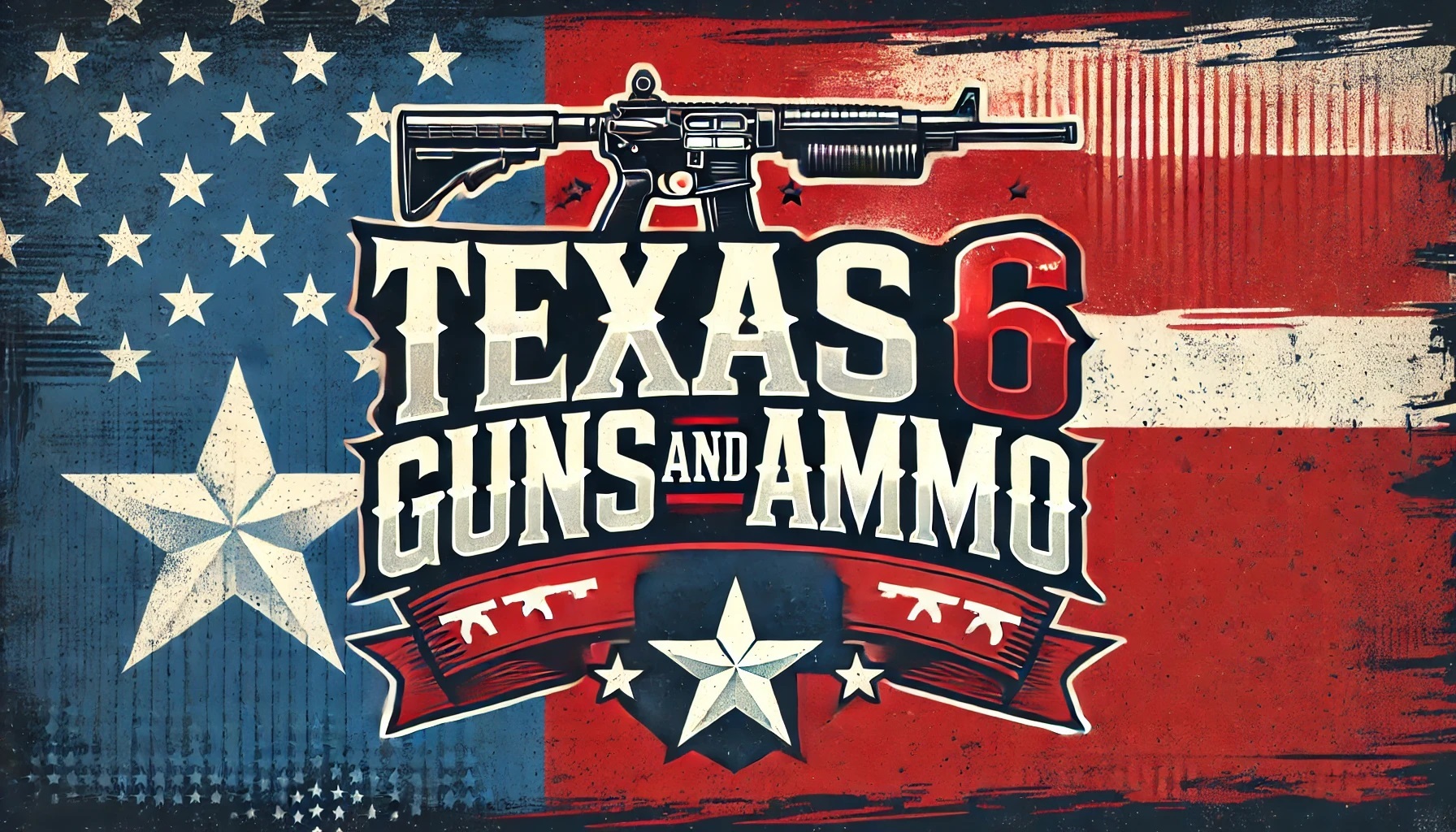 Vintage-style graphic with a Texas flag background, a large rifle at the top, and bold text reading "Texas 6 Guns and Ammo." Stars and gun icons accent the design.
