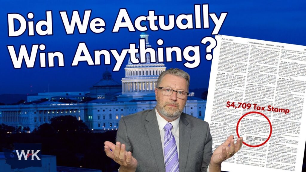 A man in a suit shrugs in front of the U.S. Capitol at night. Large text reads "Did We Actually Win Anything?" A document with "4,709 Tax Stamp" circled is on the right side. The initials "WK" appear in the corner.