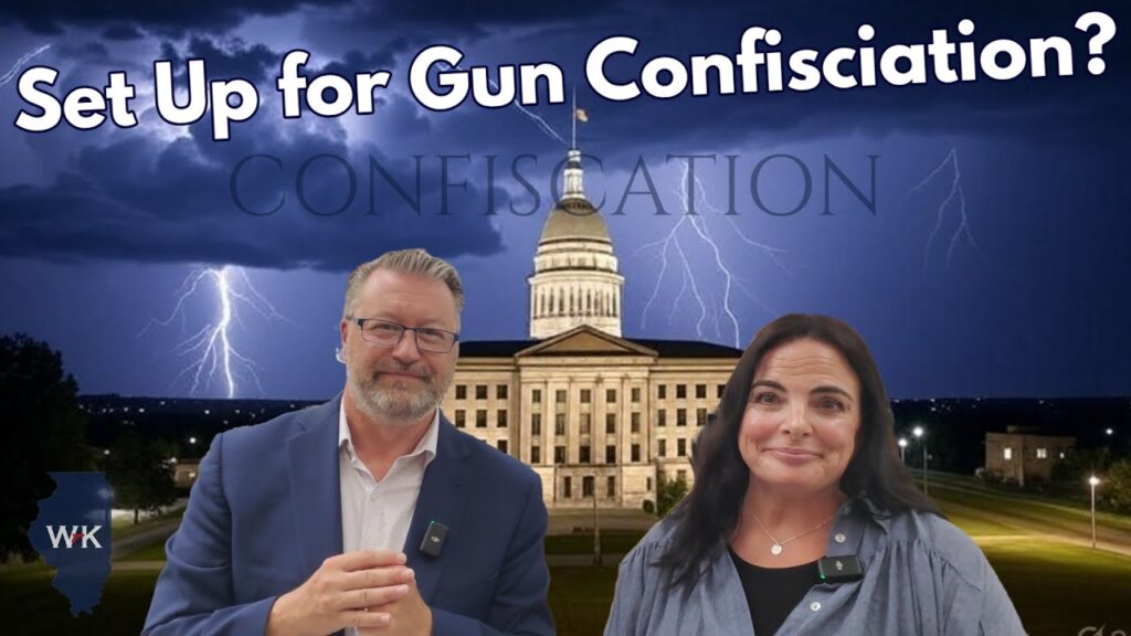 Two people stand in front of a government building with lightning in the background. Text at the top reads, "Set Up for Gun Confiscation?" The image has an Illinois state outline with "WK" in the corner.