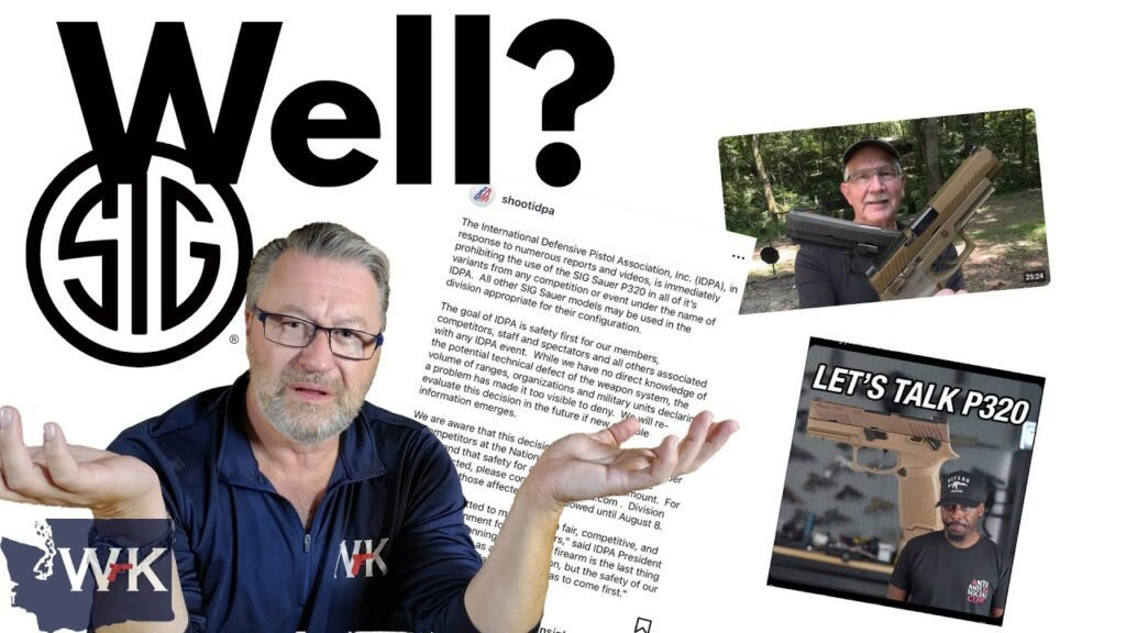 A man with gray hair and glasses shrugs in front of the SIG Sauer logo and the word "Well?" Floating images show people holding guns and text that says "LET'S TALK P320.