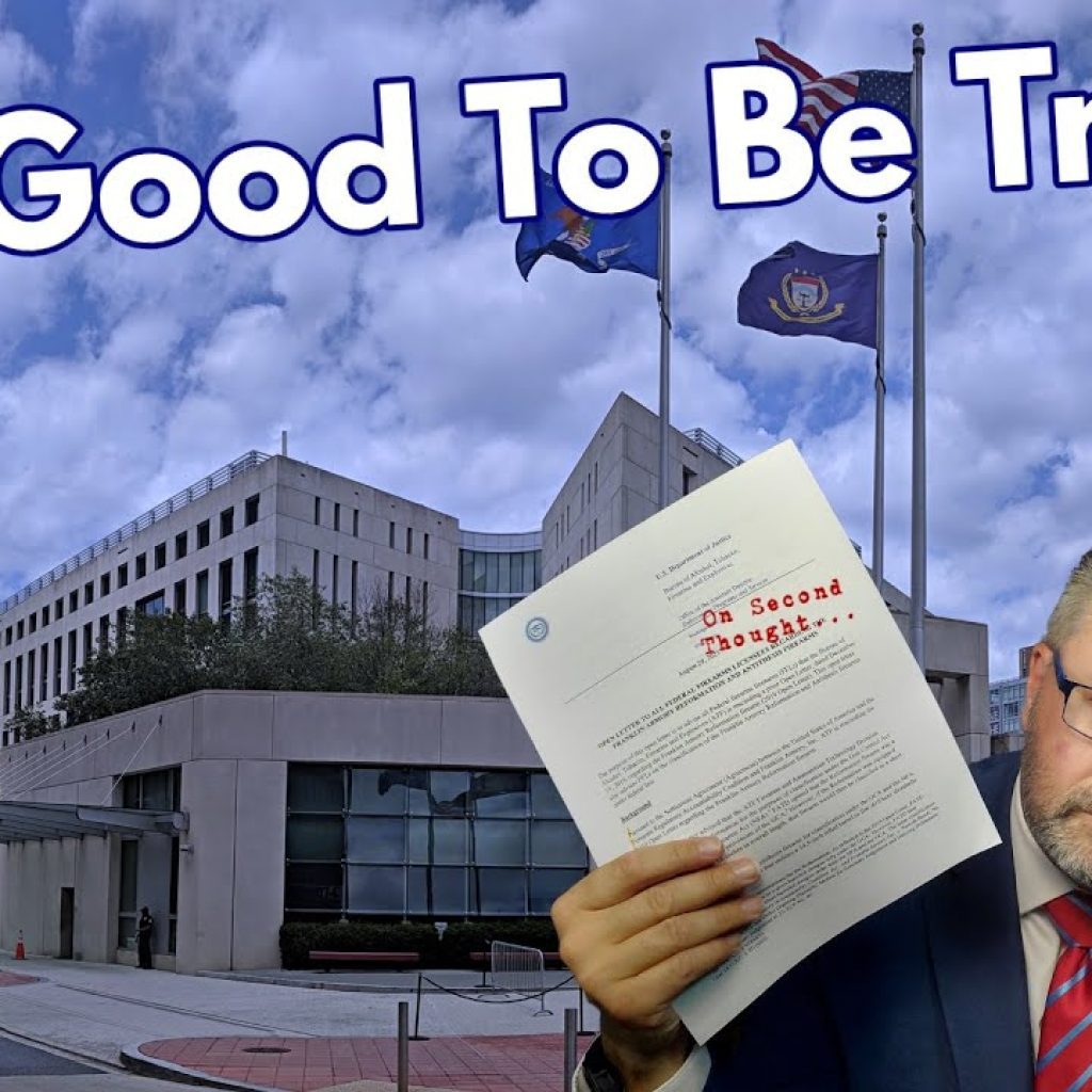 A man in a suit holds up a document labeled "On Second Thought..." with a thoughtful expression. Behind him is a large office building with two flags and the text "Too Good To Be True?" at the top.