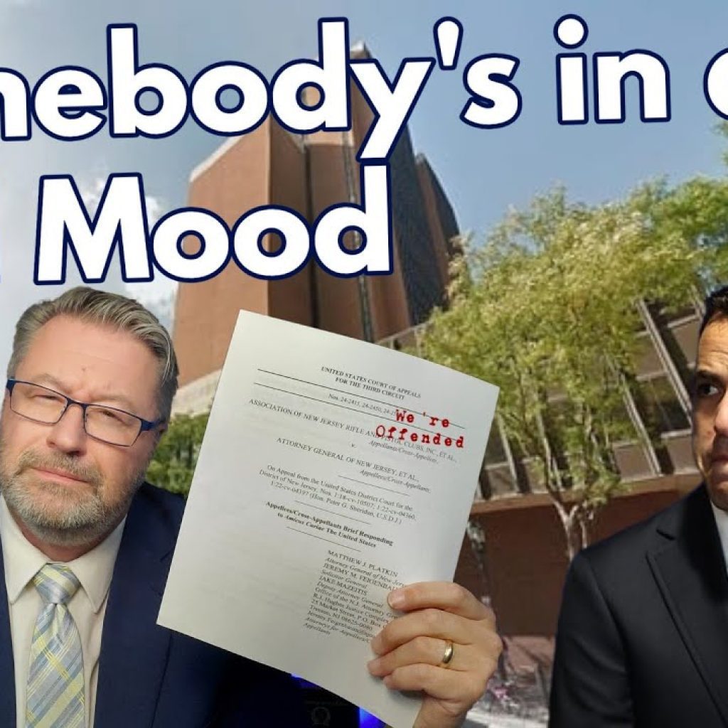 Two men in suits are in front of a city building. One holds up a document labeled "NO 7th Offense" and looks serious; the other looks displeased. Large text above reads, "Somebody's in a Bad Mood.
