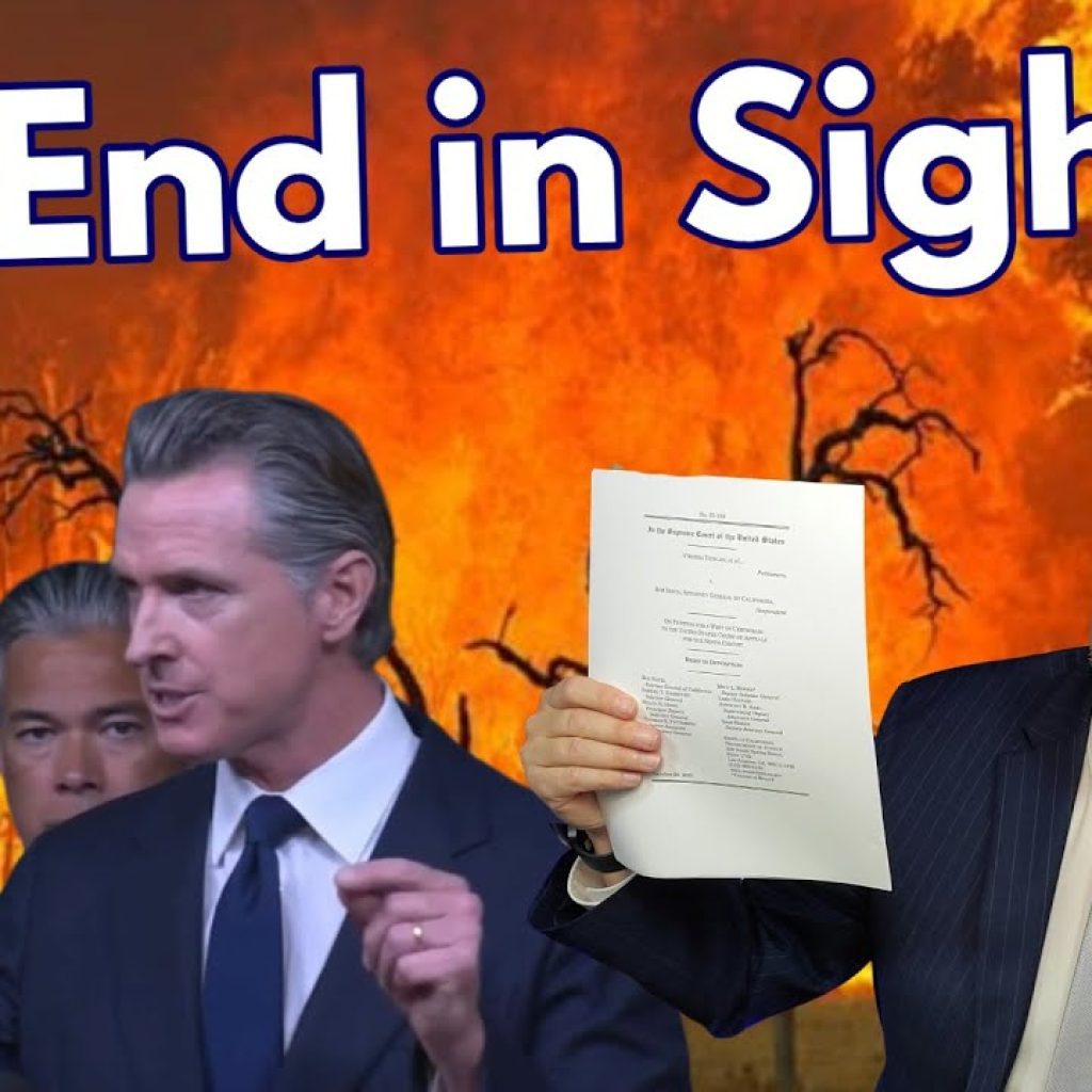 California governor speaks at a podium while another man in a suit holds up papers; background shows a raging wildfire with large flames. Text reads “No End in Sight.”.