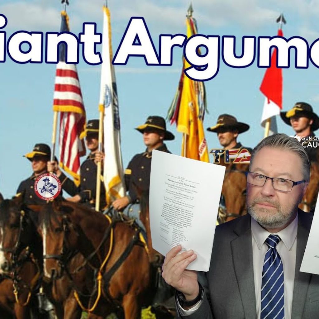 A man in a suit holds up two documents while a group of historical cavalry soldiers with flags stand behind him. Large text at the top reads "Brilliant Arguments.