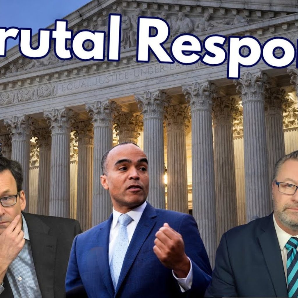 Three men in suits stand in front of the US Supreme Court building. Large text above them reads "A Brutal Response." One man holds a document labeled "Sanctions?" The WK logo appears in the bottom left corner.