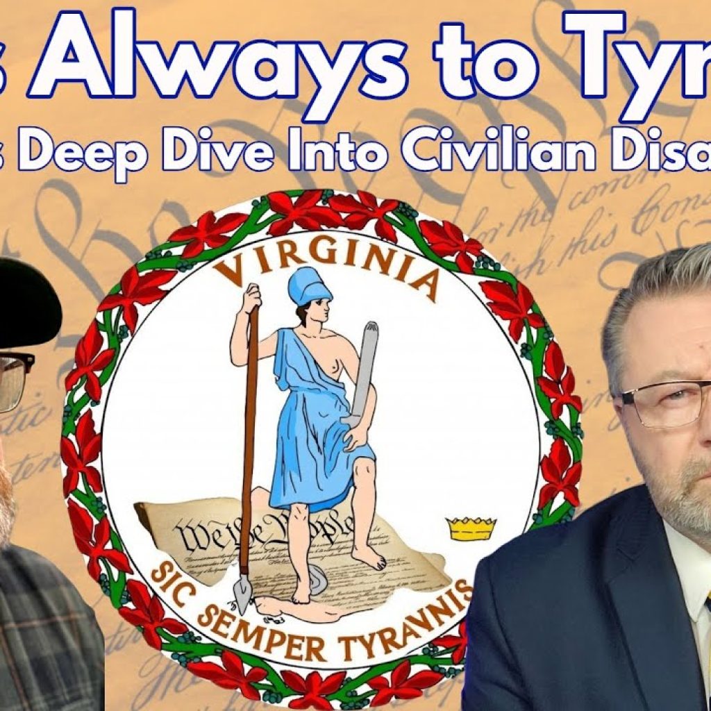 Two men are pictured in front of the Virginia state seal, with text reading "Thus Always to Tyrants: Virginia's Deep Dive Into Civilian Disarmament." A YouTube Live icon is also visible on the right.