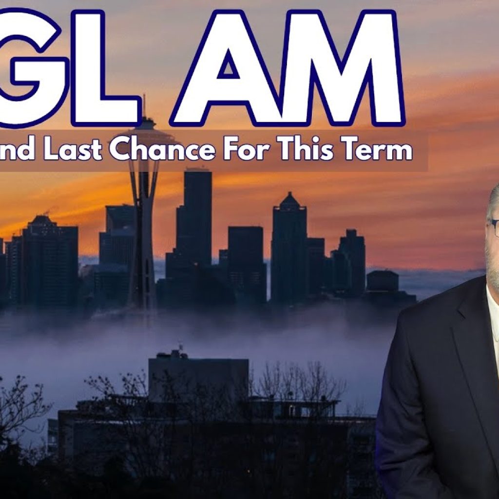 A man in a suit and yellow striped tie sits in front of a city skyline in the early morning, with the text "WGL AM Orders List and Last Chance For This Term" above him.