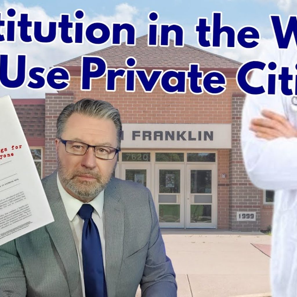 A man in a suit holds up a legal document labeled “For Texans for Deneen” in front of a school labeled "Franklin." A doctor stands with arms crossed. Large text reads: “Constitution in the Way? Then Use Private Citizens.”.
