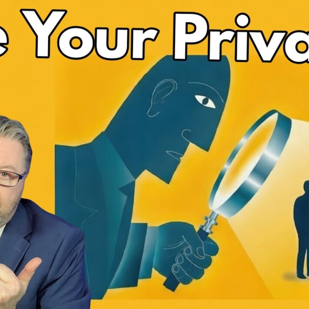 A serious man in a suit gestures to an illustration of a giant figure using a magnifying glass to spy on a person at a computer. Large text at the top reads, "Like Your Privacy?.