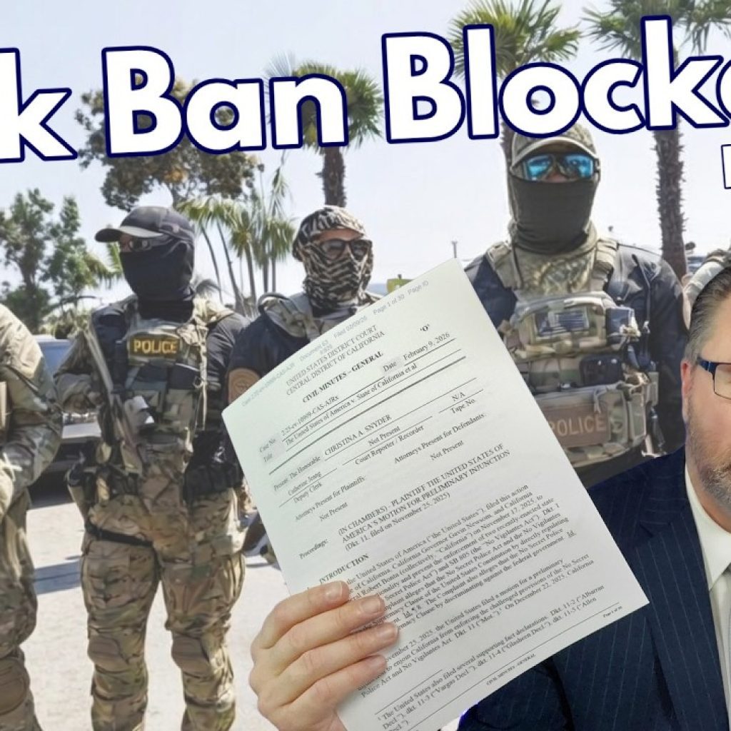 A man in a suit holds up a legal document in the foreground. Behind him, four masked police officers in tactical gear stand outdoors. Large text reads "Mask Ban Blocked!!! For Now...".