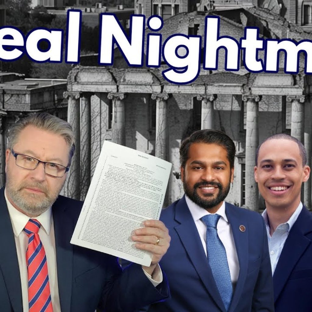 Four professionally dressed people stand in front of a grayscale government building backdrop. One man holds up a stack of documents. Large text at the top reads "A Real Nightmare." The WK logo is in the bottom left corner.