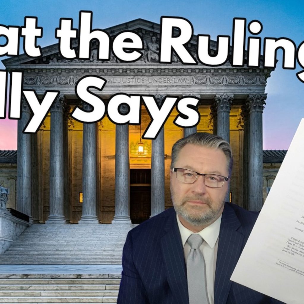 A man in a suit holds up a document in front of the U.S. Supreme Court building at dusk. Large text reads "What the Ruling Really Says." The bottom left corner has a logo with "WK.