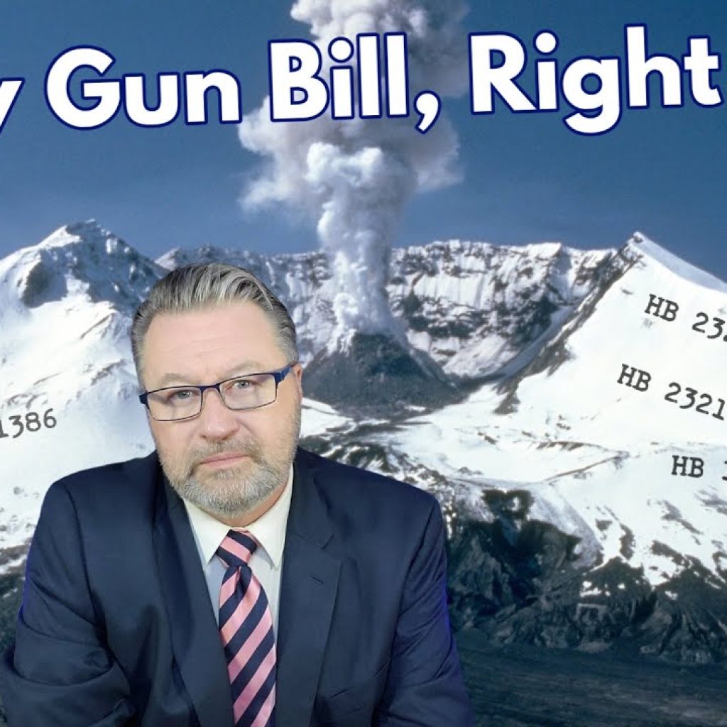 A man in a suit sits in front of a snowy volcano with smoke rising. Various bill numbers are overlaid on the volcano. Large text at the top reads: "Every Gun Bill, Right Now.