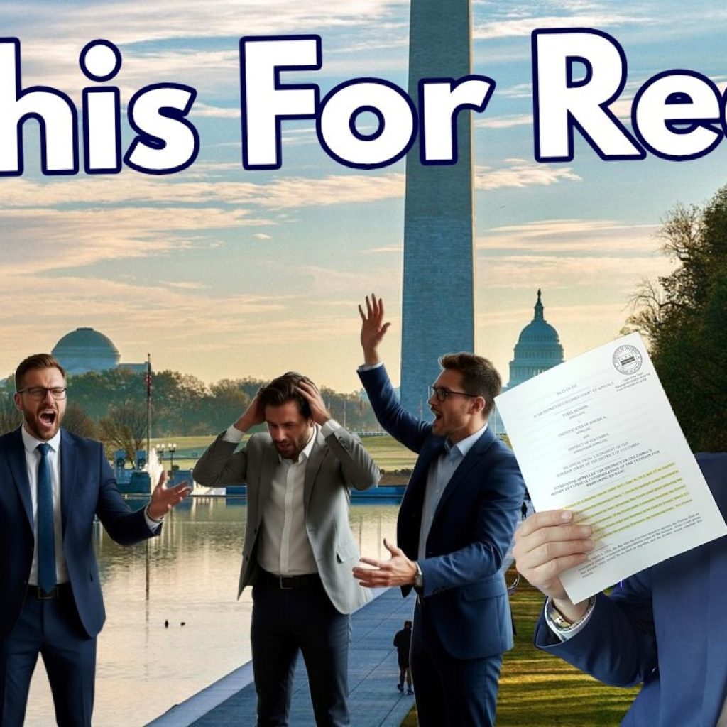 Four businesspeople stand by the Washington Monument, with one looking stressed. Large text reads "Is This For Real?" Inset: A smiling man in glasses holds up and points to a document. Logo "WK" is in the bottom left corner.
