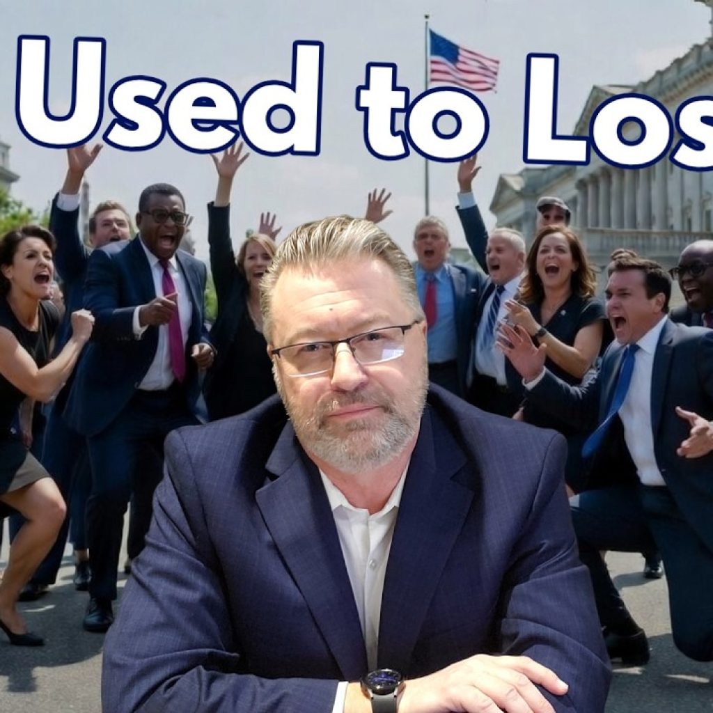 A man in a suit sits in the foreground looking serious, while a group of people in business attire cheer and celebrate behind him outside a government building. Large text reads “Not Used to Losing.”.