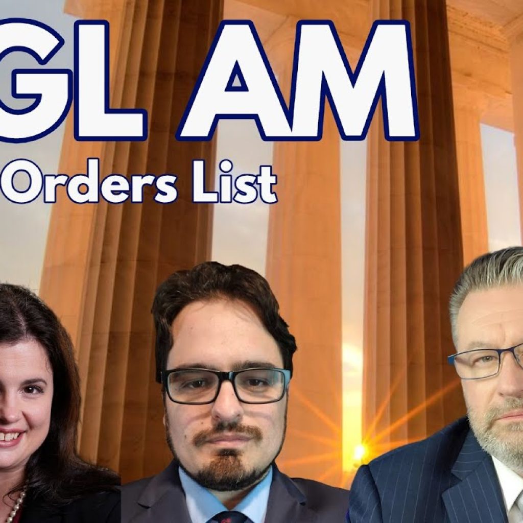 Three people in business attire are pictured in front of columns with the text “WGL AM April 6 Orders List” at the top. The background is warmly lit, suggesting sunrise or sunset.