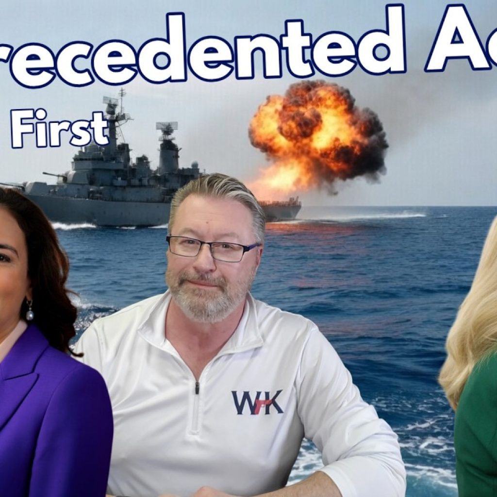Three people in business attire are in the foreground, with a naval ship behind them at sea and an explosion on the ship. Large text reads “Unprecedented Action—This is a First.”.