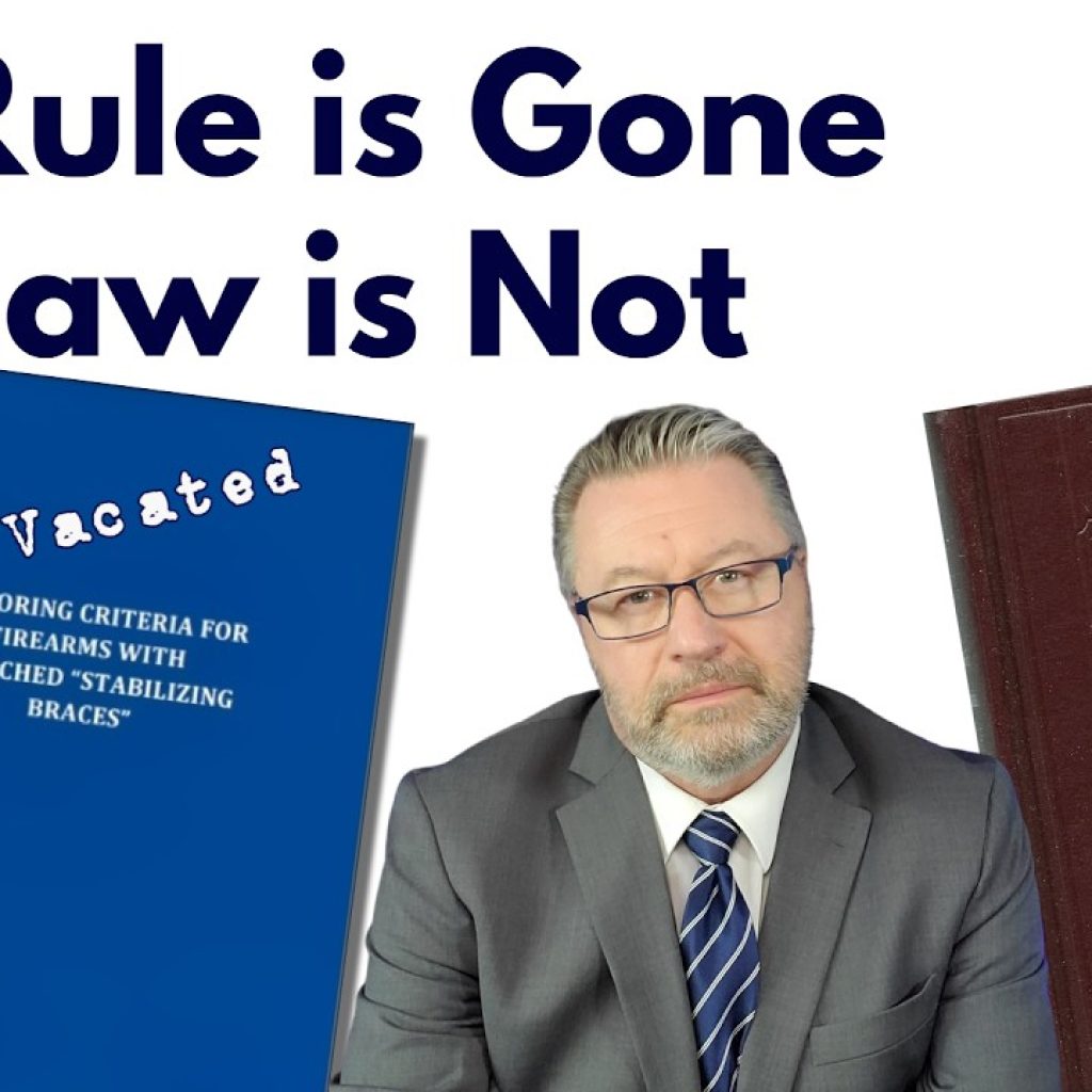 A man in a suit sits between two books: a blue one labeled "Vacated" and a brown one labeled "Not Vacated." Large text above reads, "The Rule is Gone, The Law is Not.
