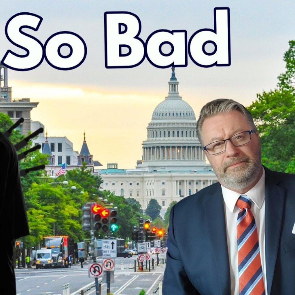 A man in a suit holds up legal papers in front of the U.S. Capitol, with large text reading "It's So Bad." A silhouette of a dejected figure stands on the street, and the initials "WK" appear in the corner.