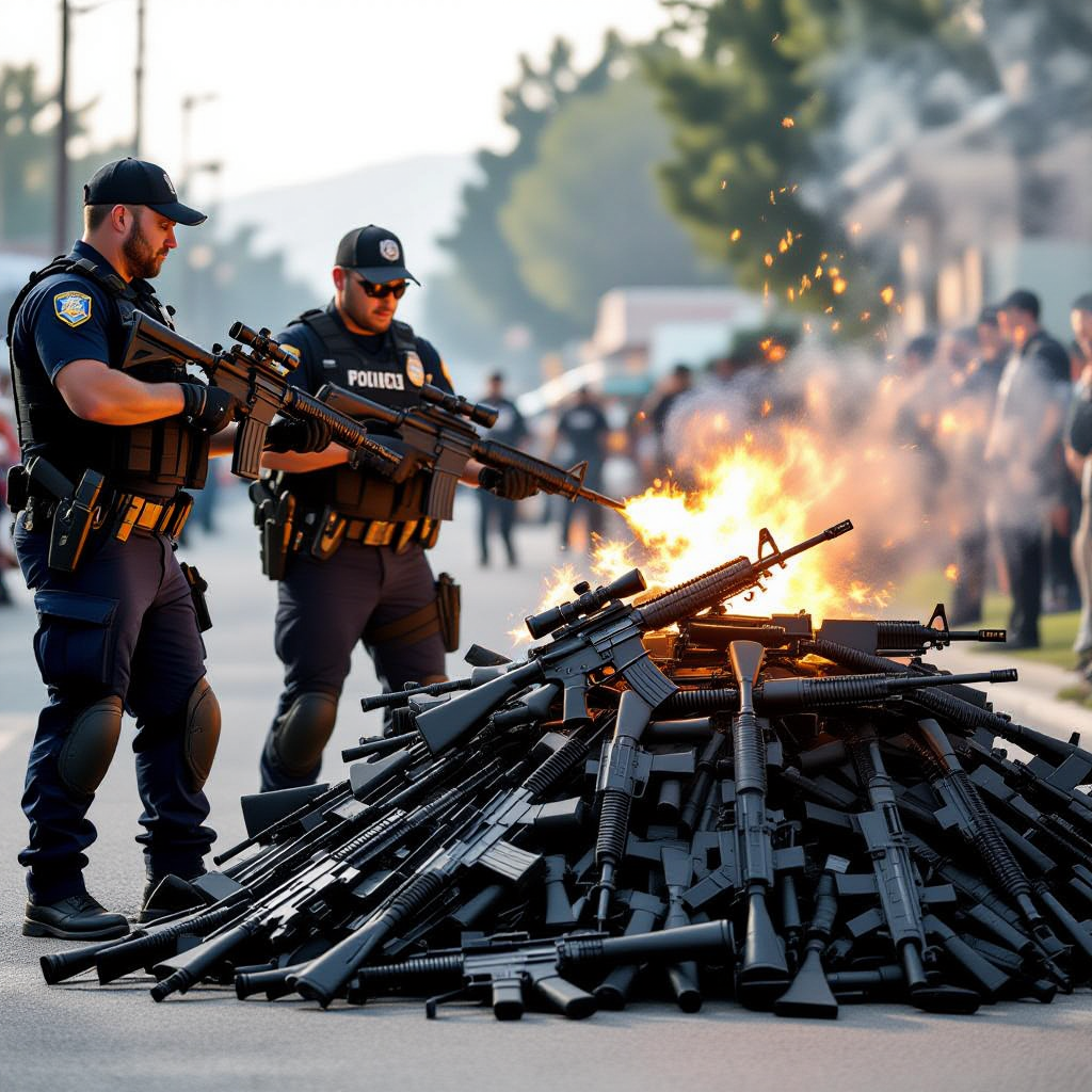 Two police officers stand by a large pile of rifles burning in the street, supervising the destruction of the firearms as a crowd watches in the background.